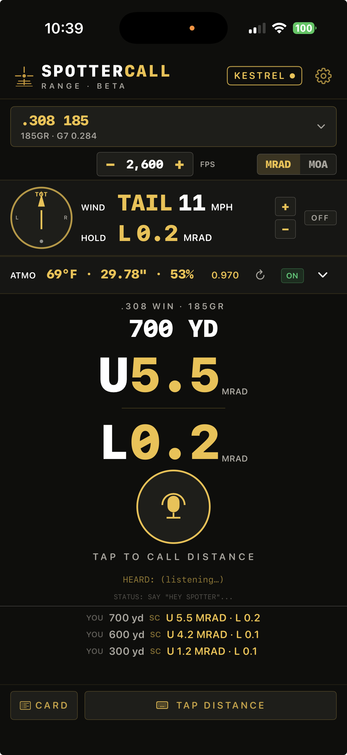 SpotterCall app — Kestrel connected, live atmospherics, 700yd hold U 5.5 MRAD on .308 185gr